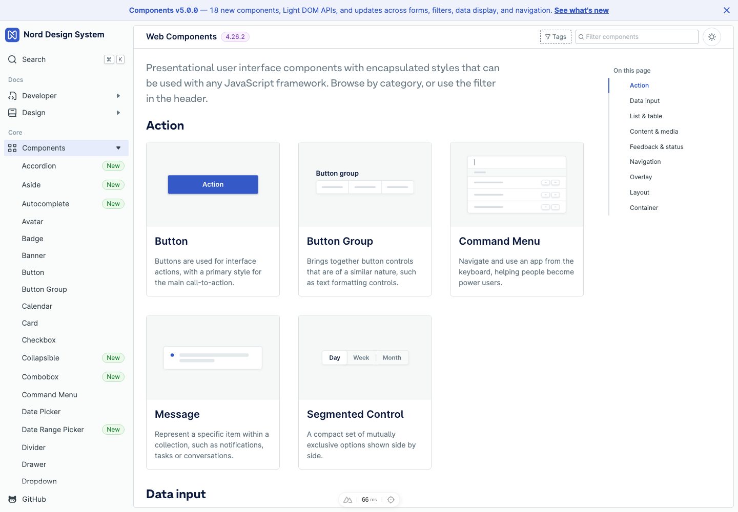 Components overview showing grouped component cards and the page outline