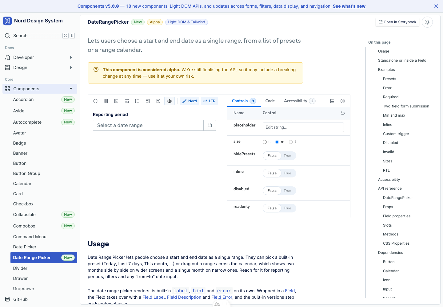 Date Range Picker component page showing status badges, Storybook controls and generated page outline