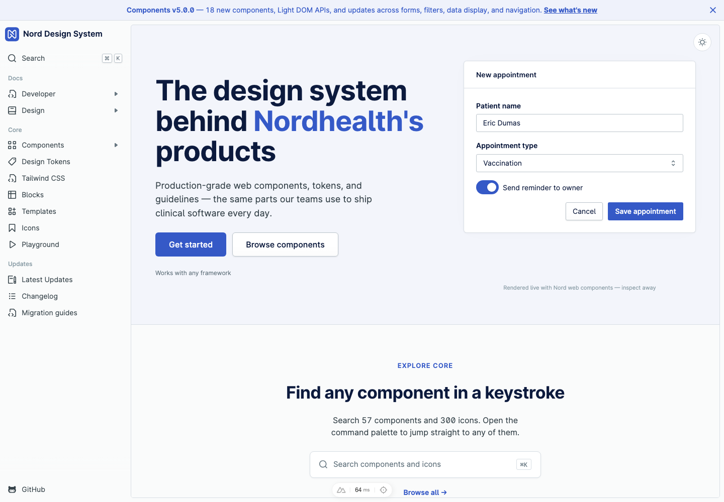 New Nord Design System homepage showing the redesigned docs shell, release banner and live component preview