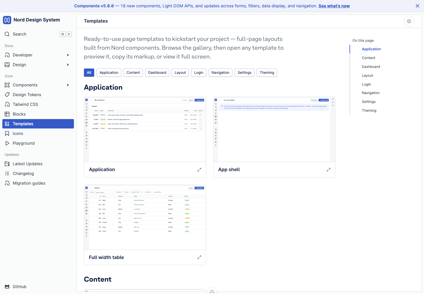 Templates gallery showing full-page layouts that can be previewed, copied or opened full screen