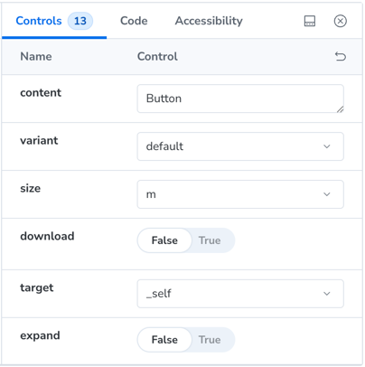 Storybook controls panel