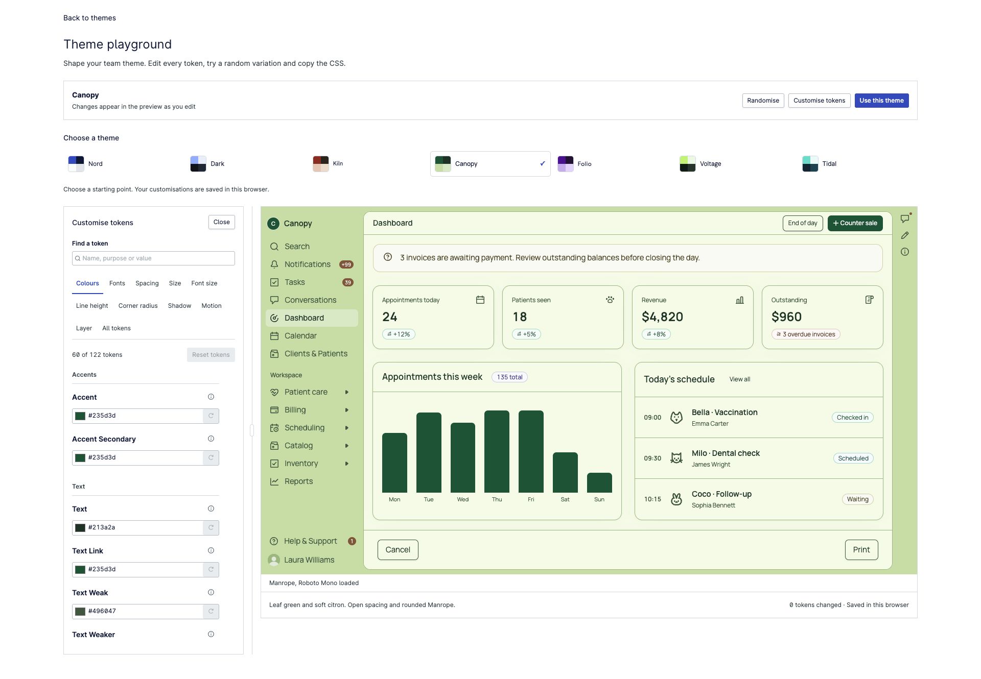 The Canopy theme in the theme playground, with grouped colour controls beside a live dashboard preview.